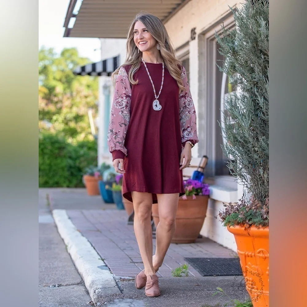 Grace and Emma New Size 2X‎ Knit Dress Cotton Floral Burgundy Blush Long Sleeve